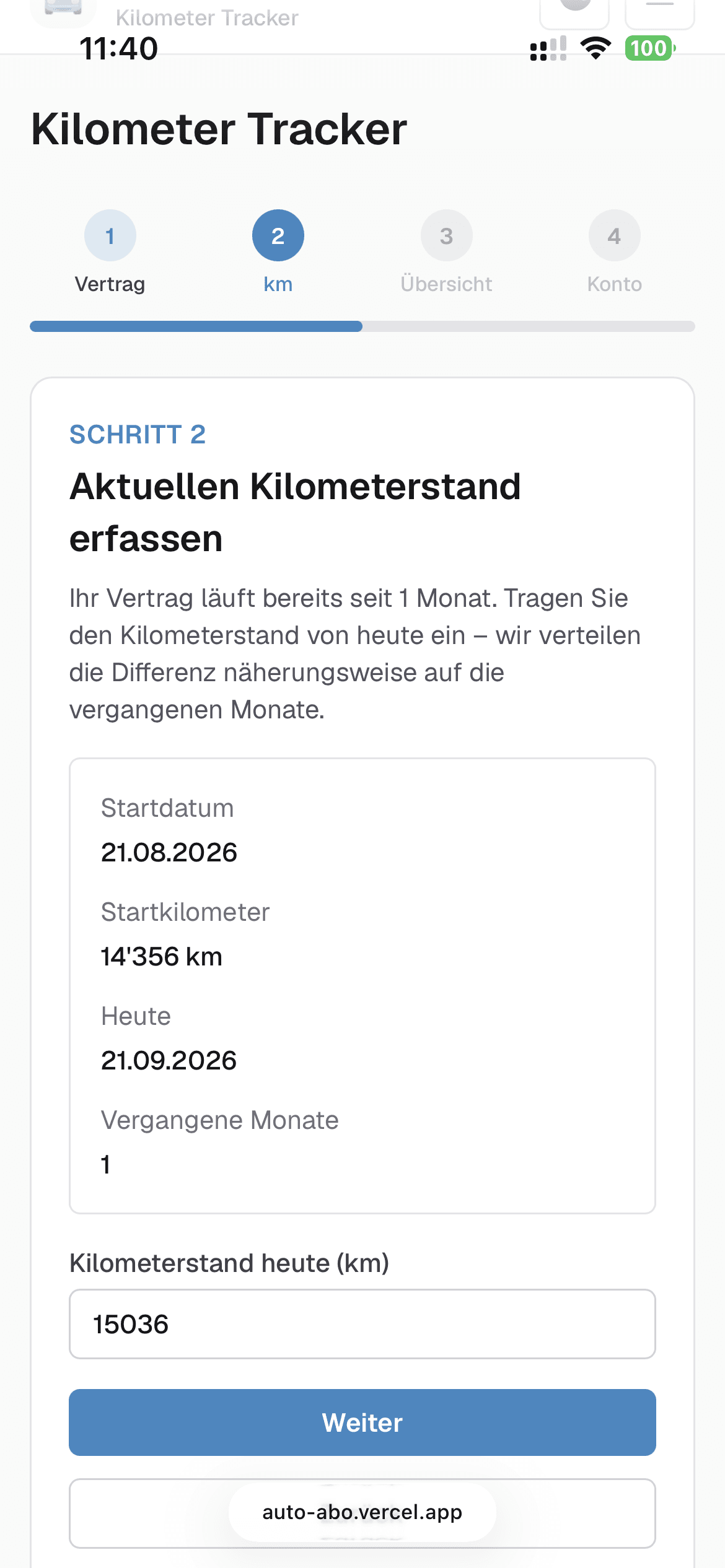 Screenshot: Kilometer tracken