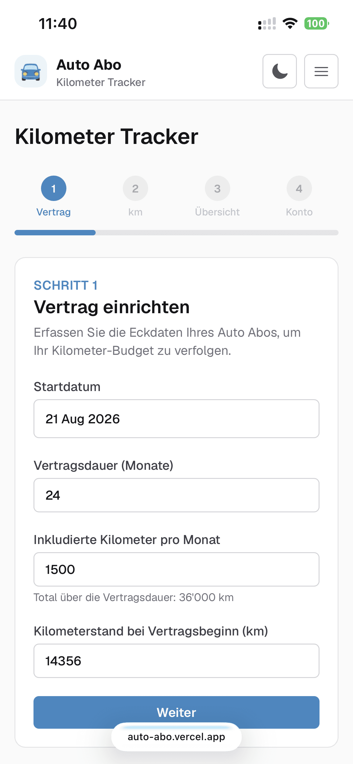 Screenshot: Vertrag erfassen